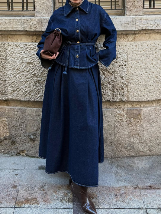 Gold buttoned denim skirt set