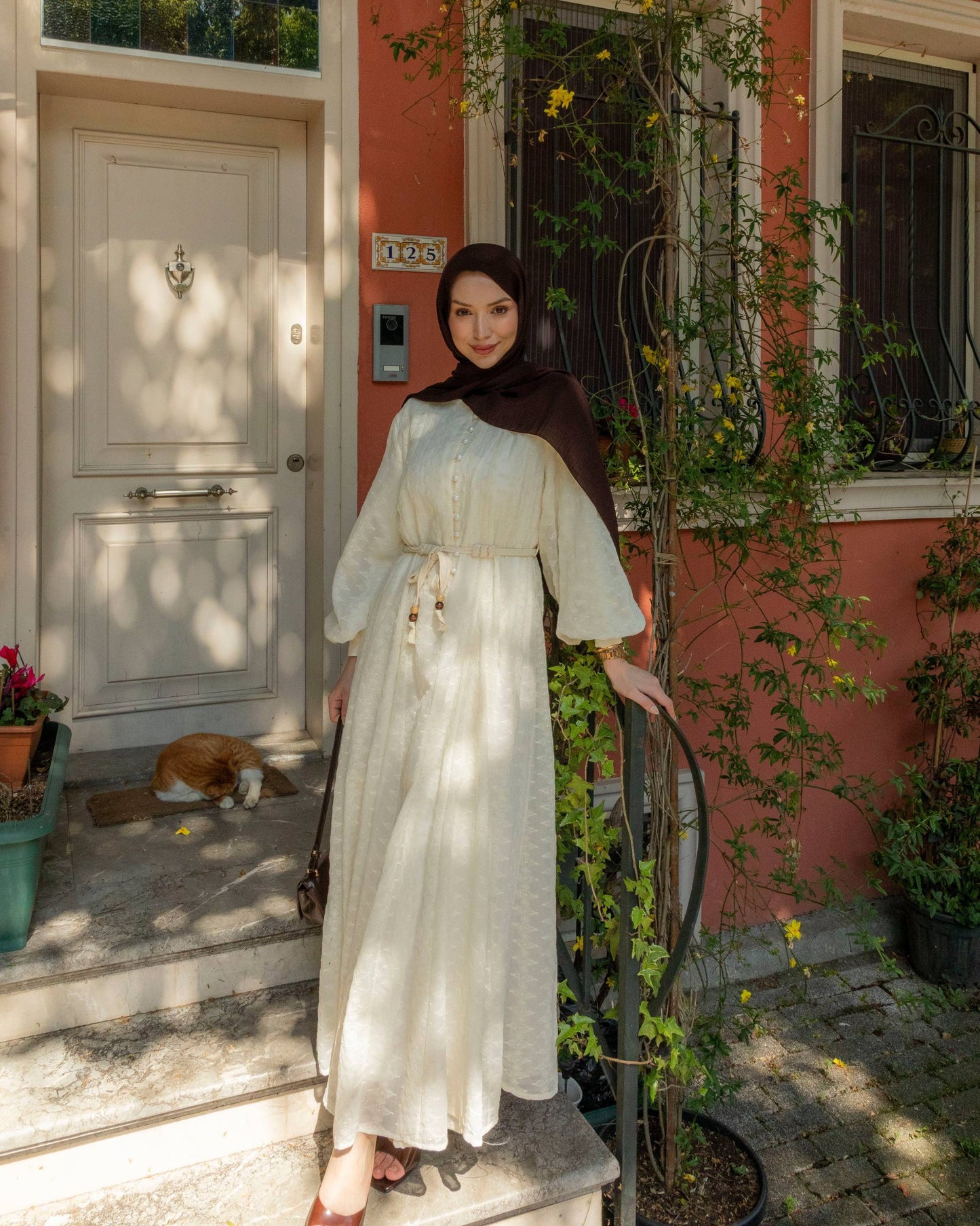 Meri half buttoned embroidered dress