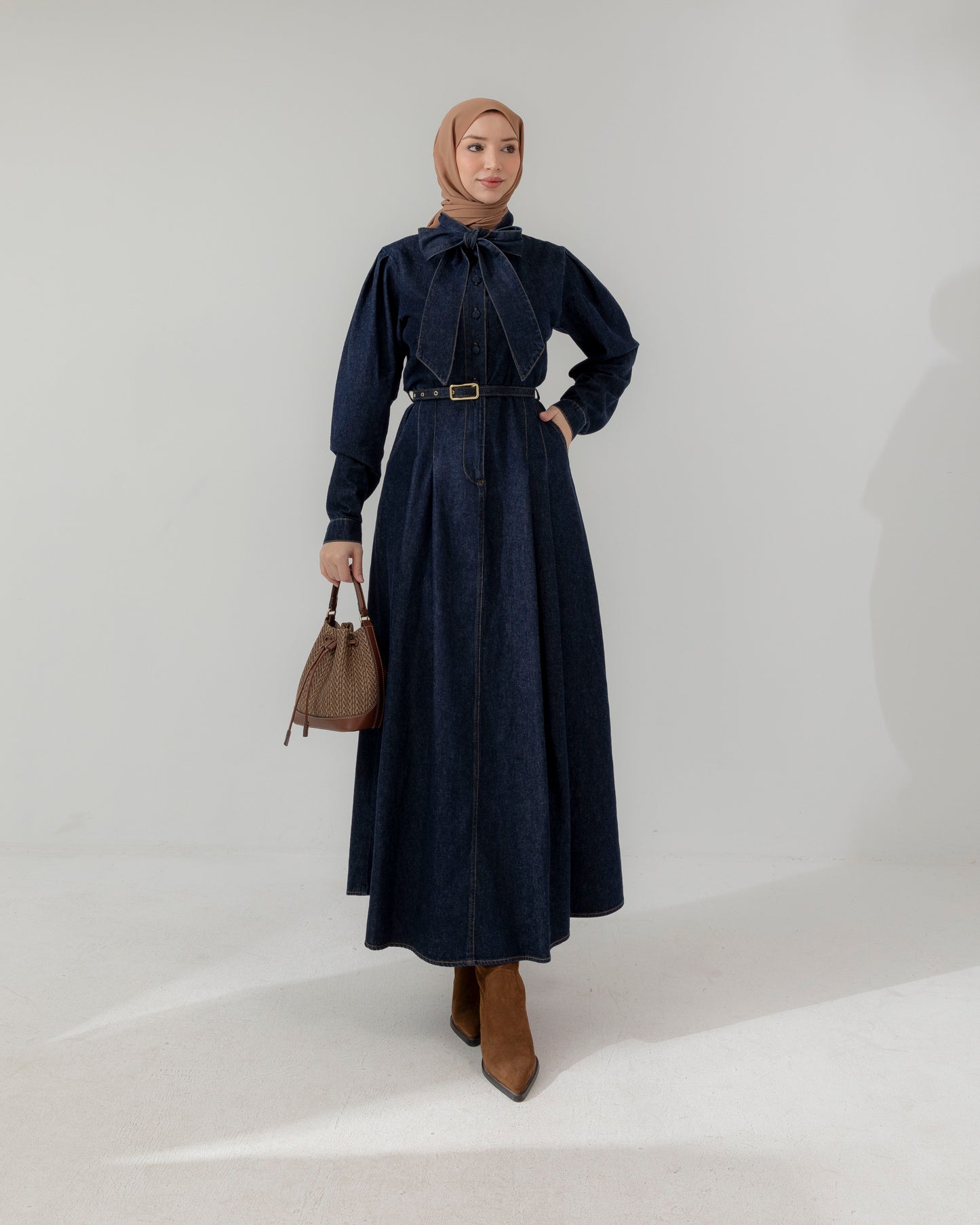 Bow detail denim dress