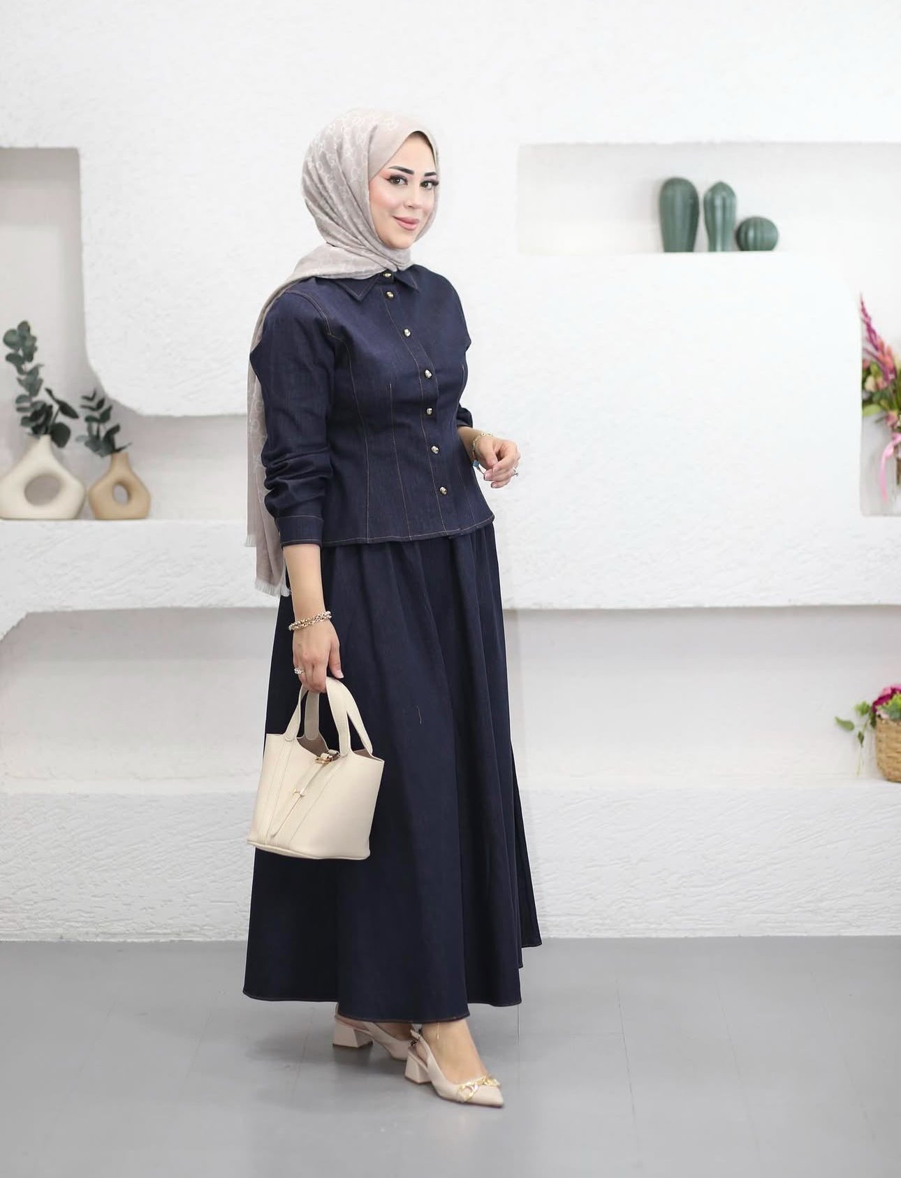 Defined waist denim skirt set