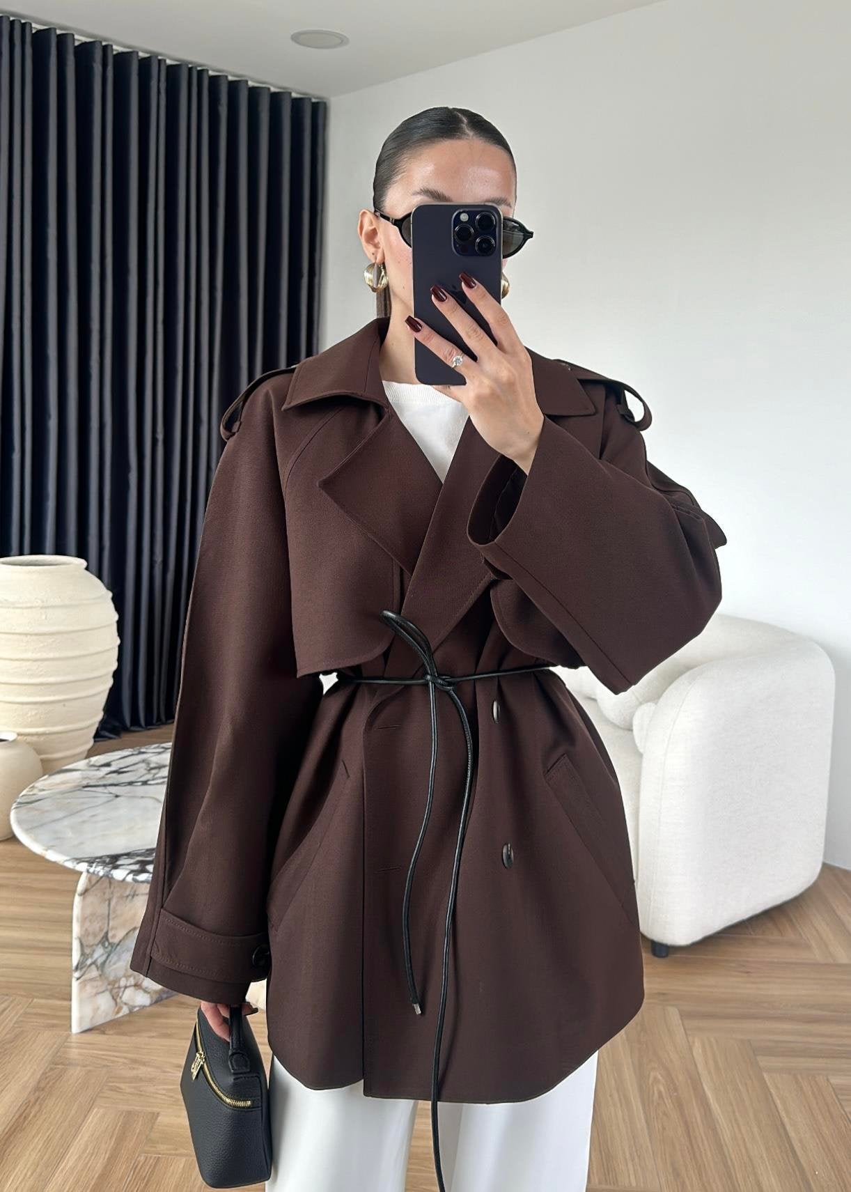 Leather belted trench coat