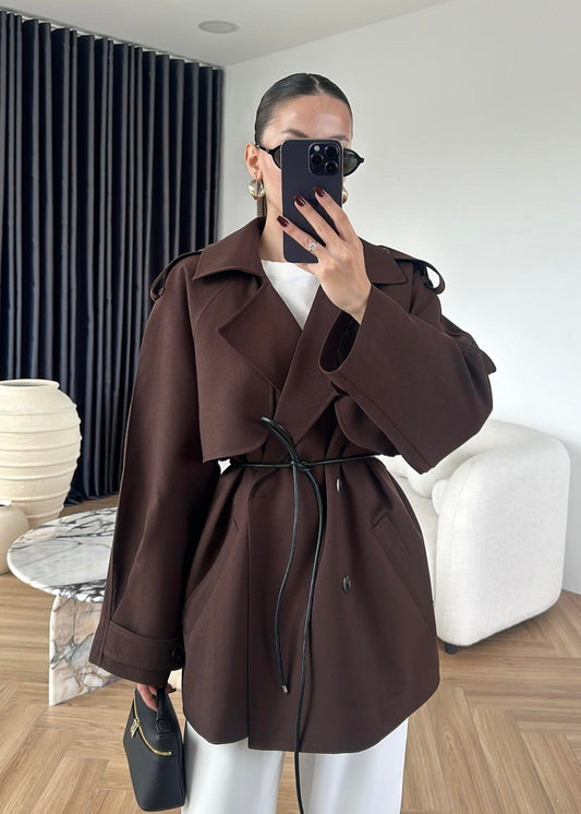 Leather belted trench coat