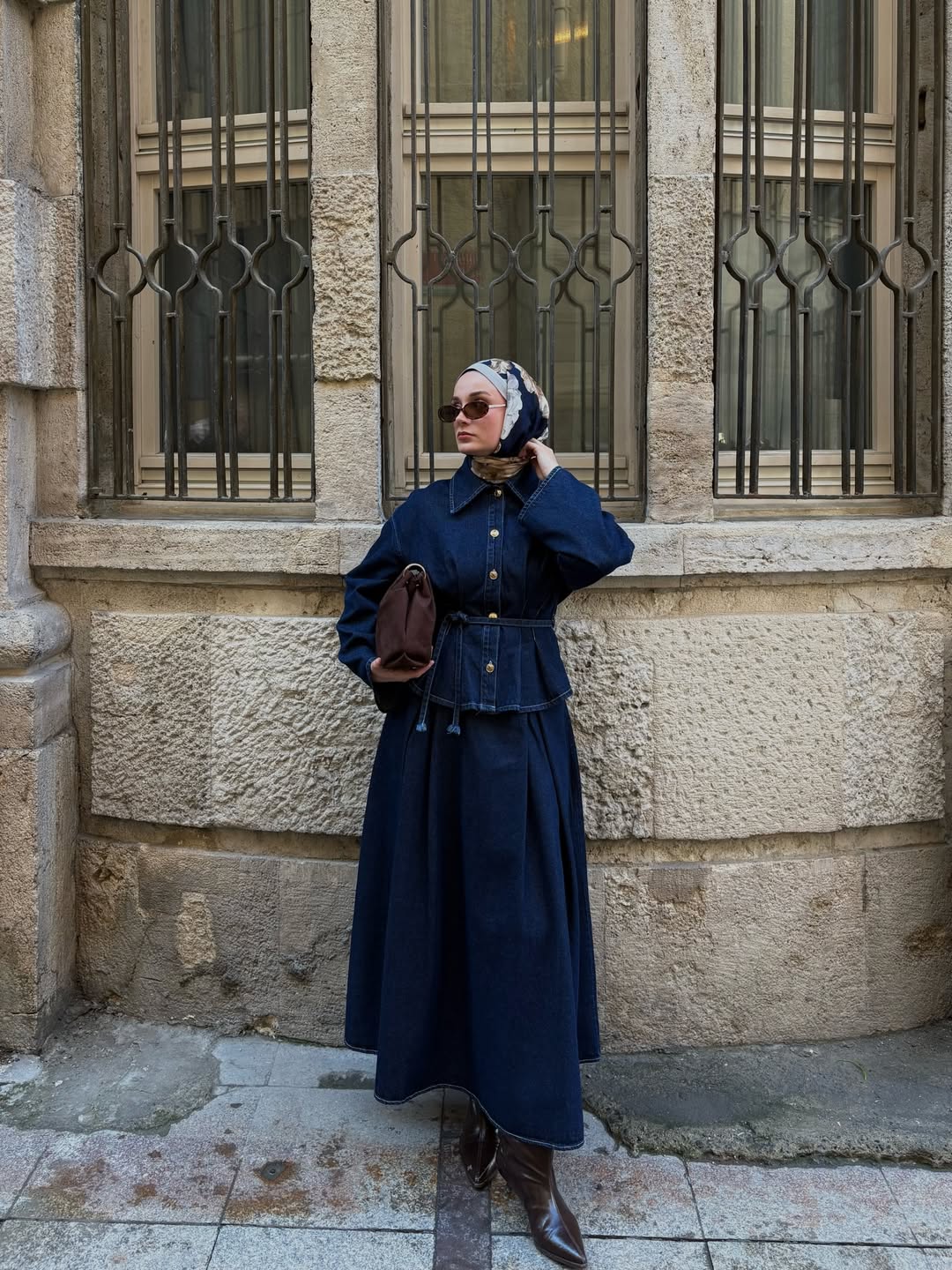 Gold buttoned denim skirt set