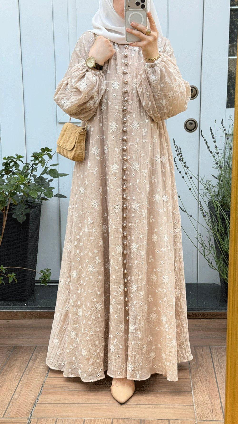 Button-Detail Floral Embroidered Dress