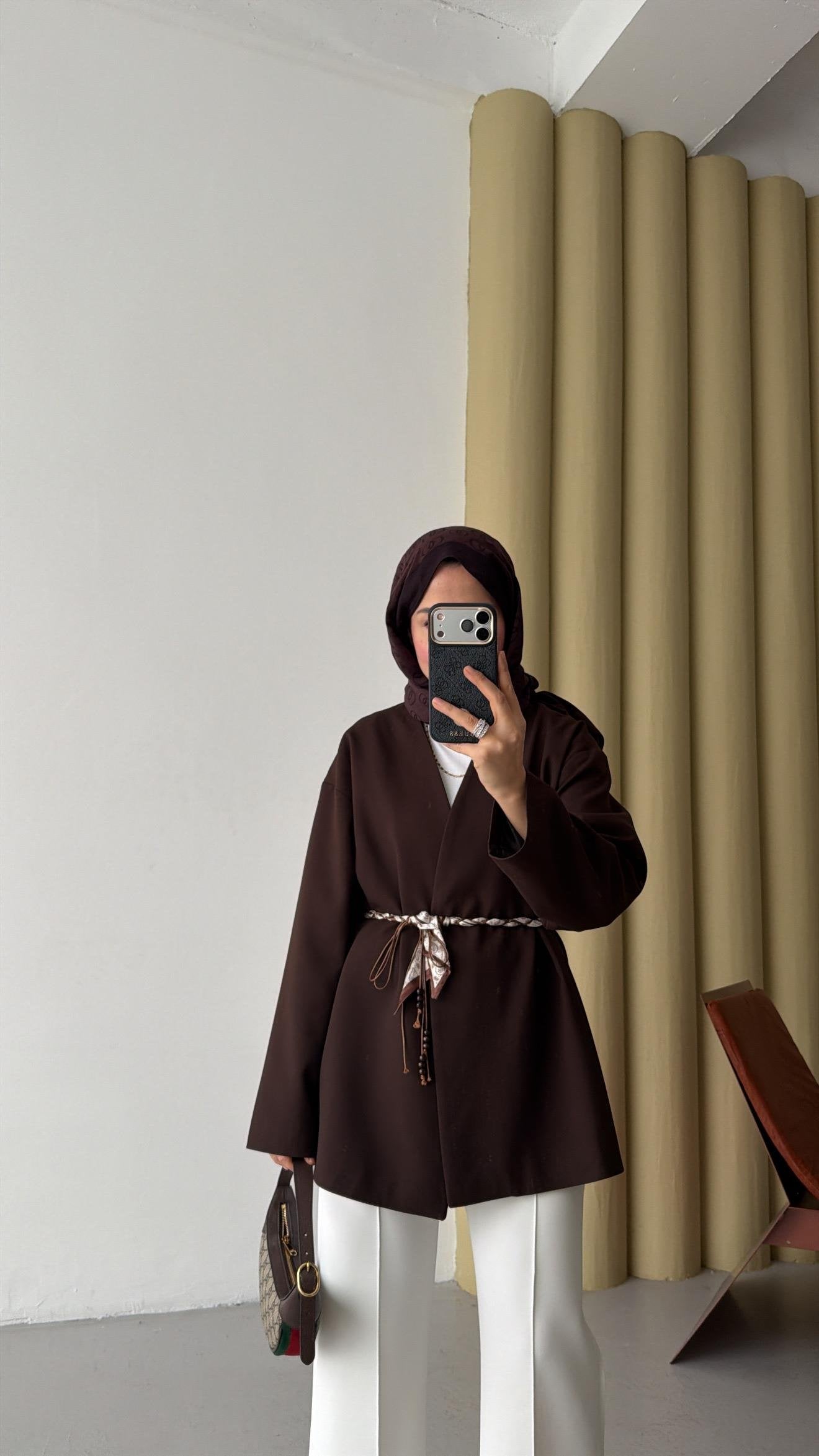 Scarf belted oversized jacket