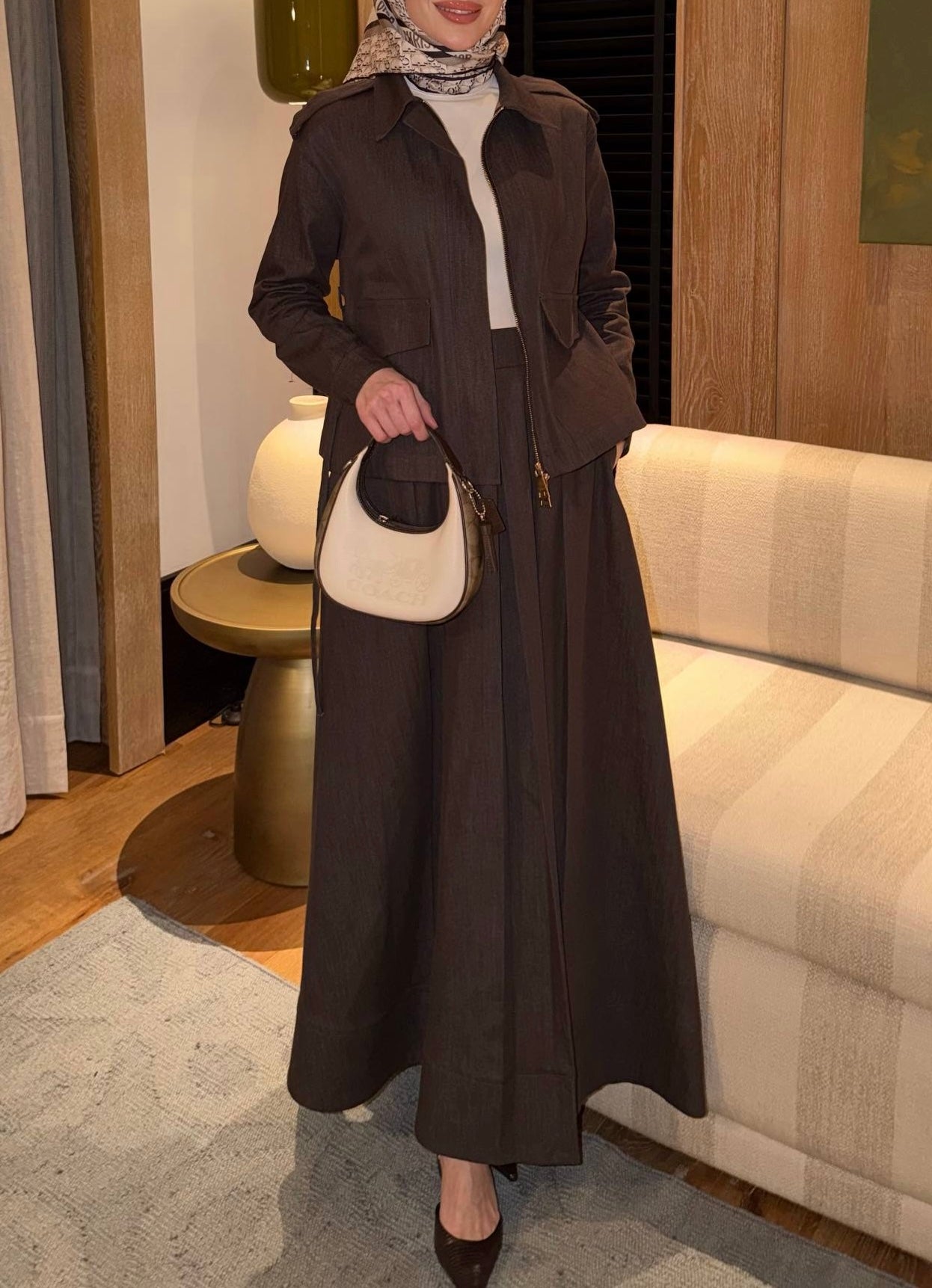 Pleated denim skirt set