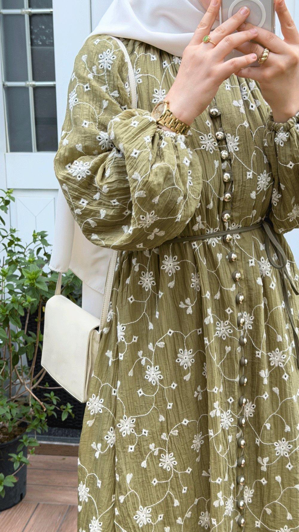 Button-Detail Floral Embroidered Dress