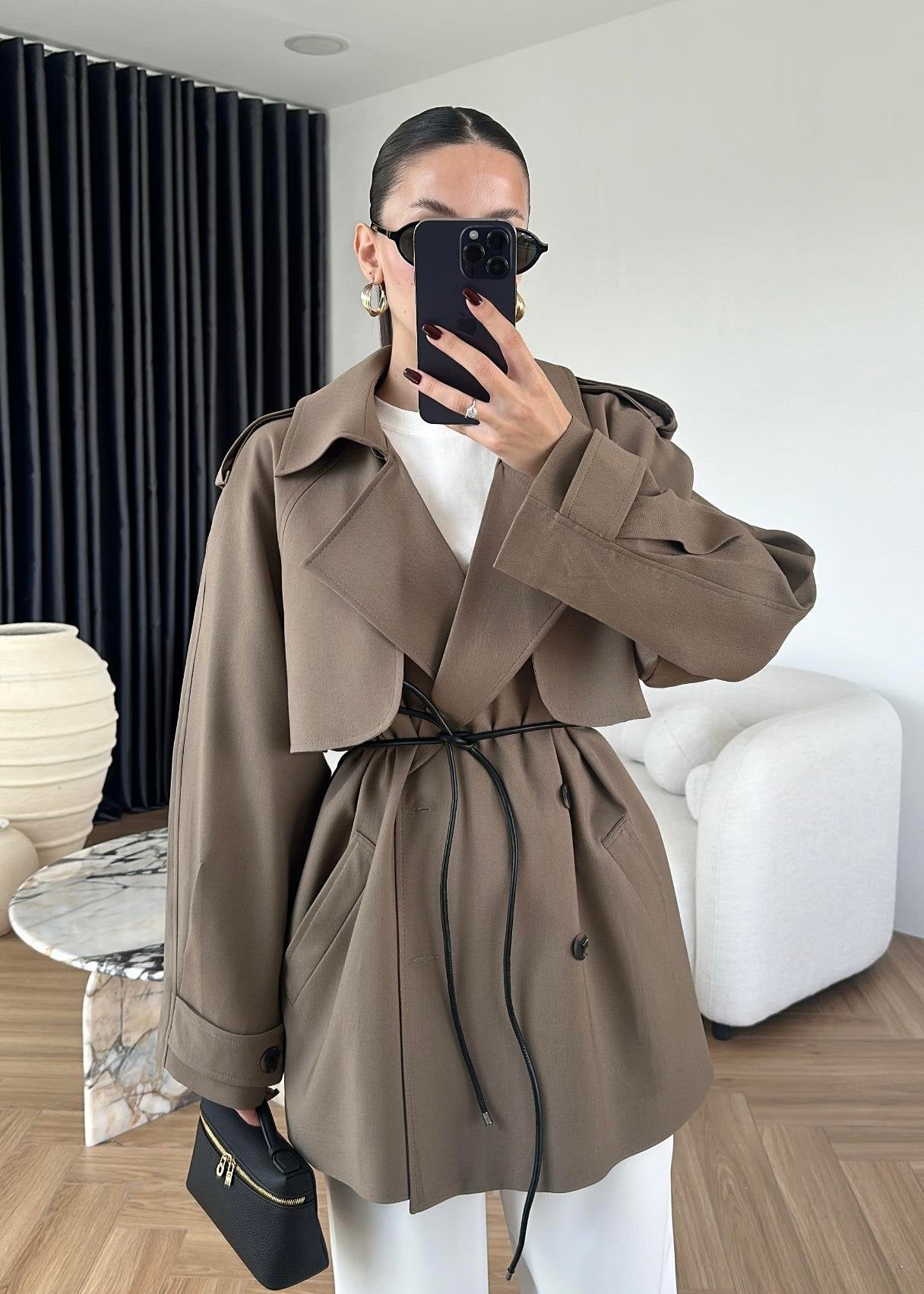 Leather belted trench coat