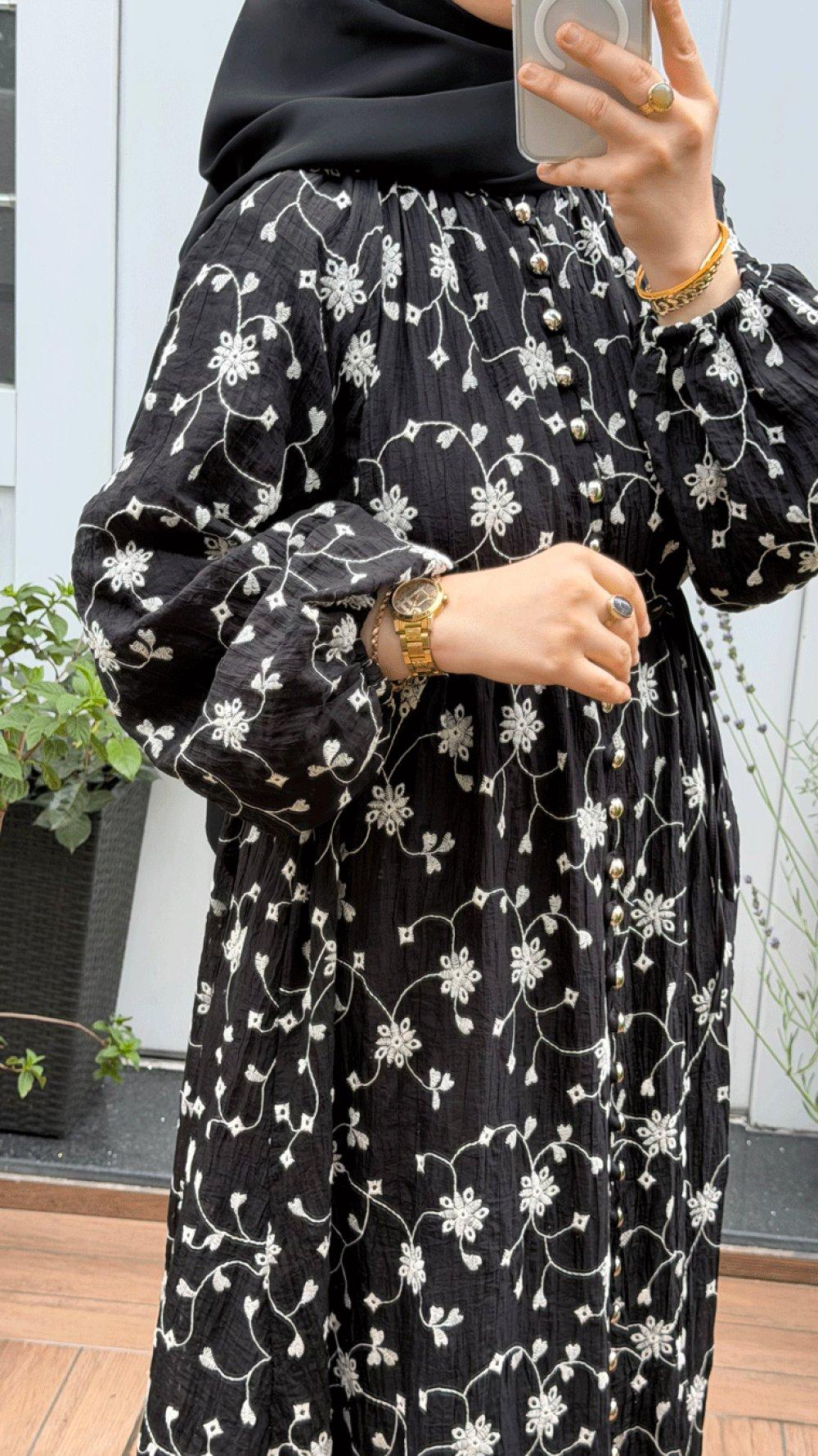 Button-Detail Floral Embroidered Dress