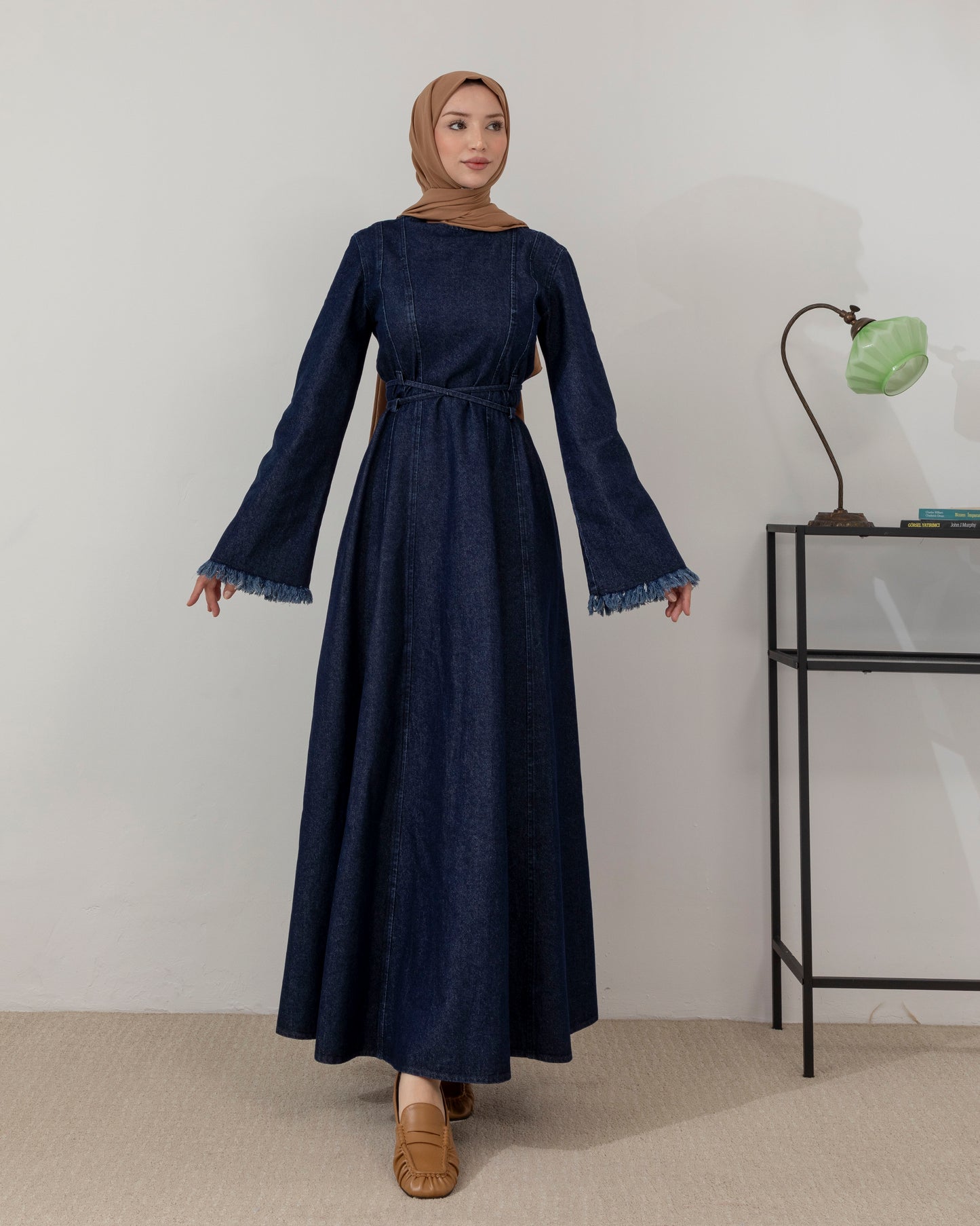 Cross belted denim dress