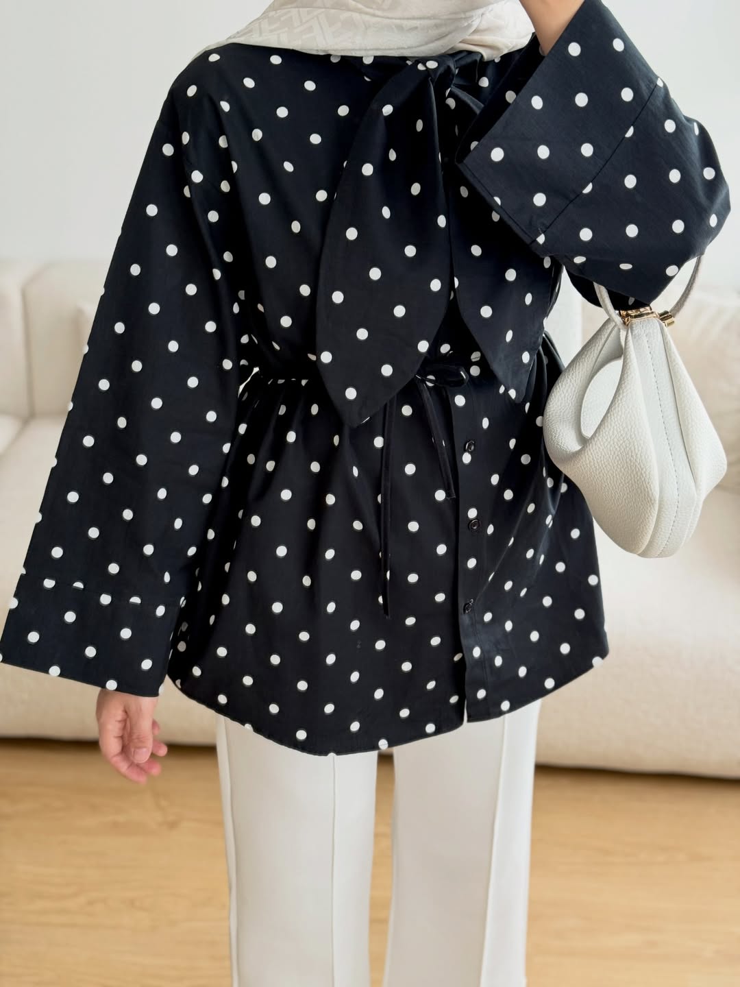 Bow tie detail polka dot oversized shirt