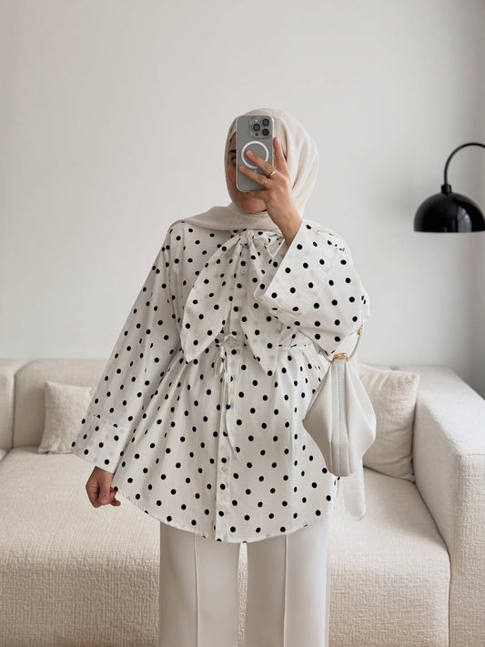 Bow tie detail polka dot oversized shirt