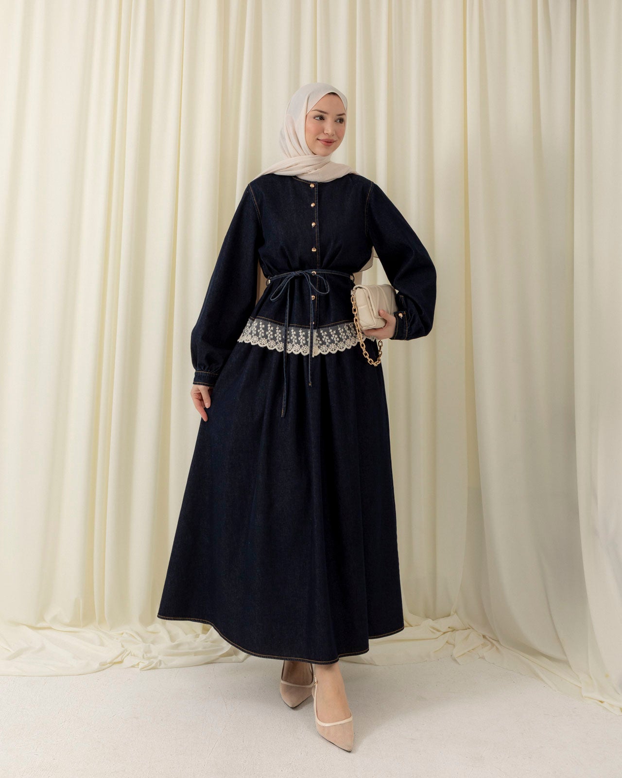 Lace detail denim skirt set