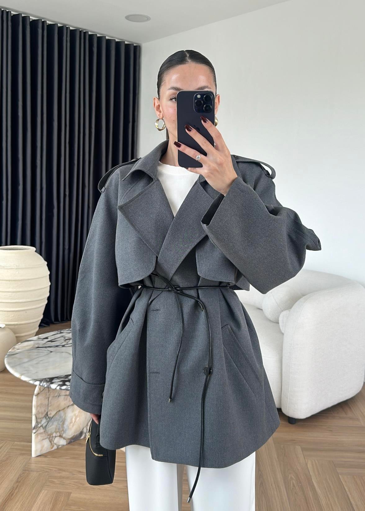Leather belted trench coat