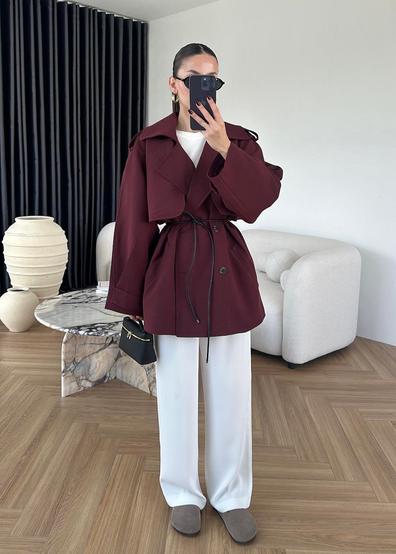 Leather belted trench coat