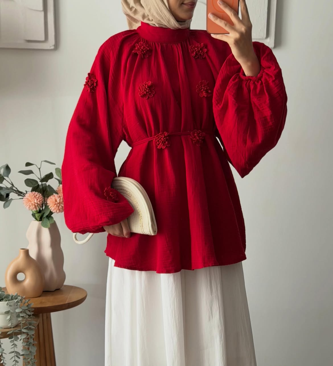 Red floral detail blouse