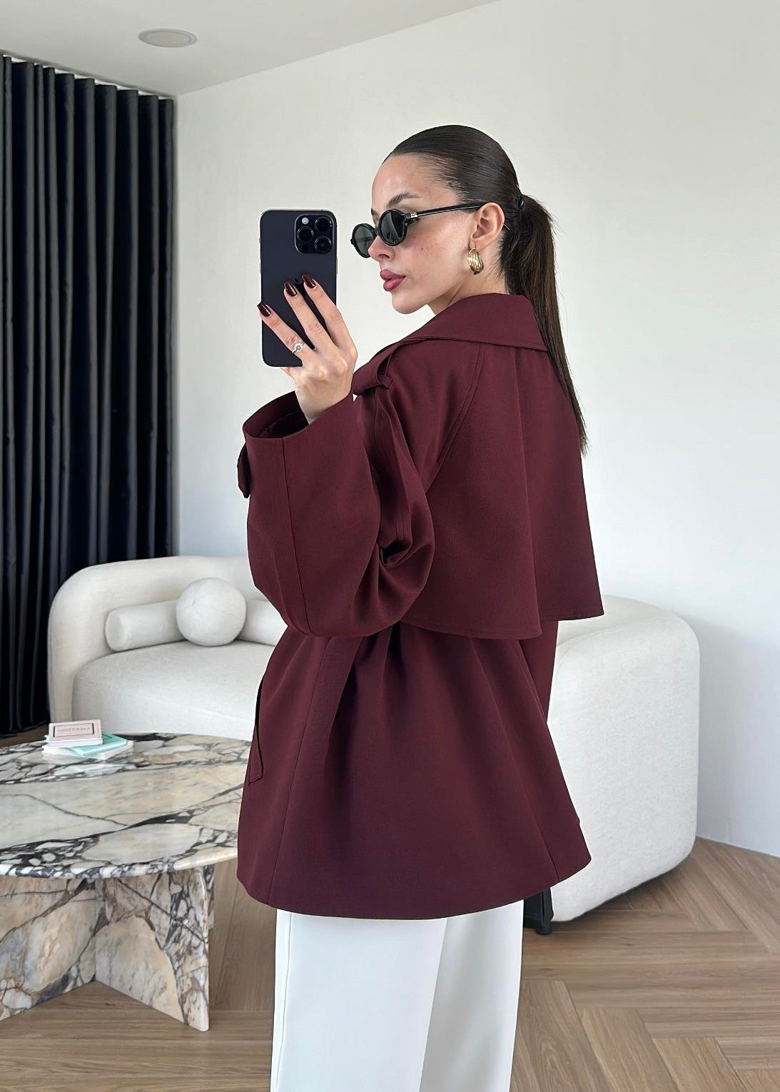 Leather belted trench coat