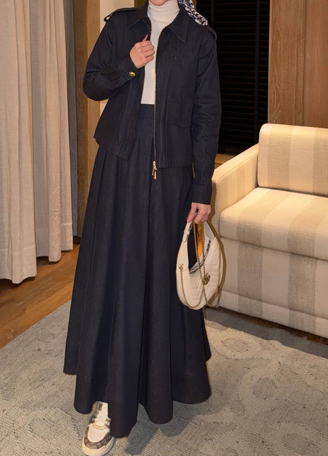 Pleated denim skirt set