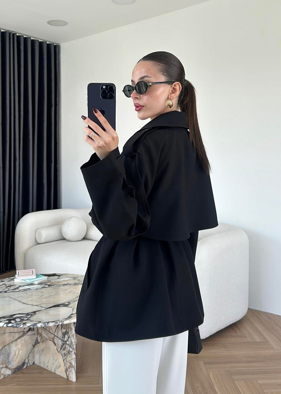 Leather belted trench coat