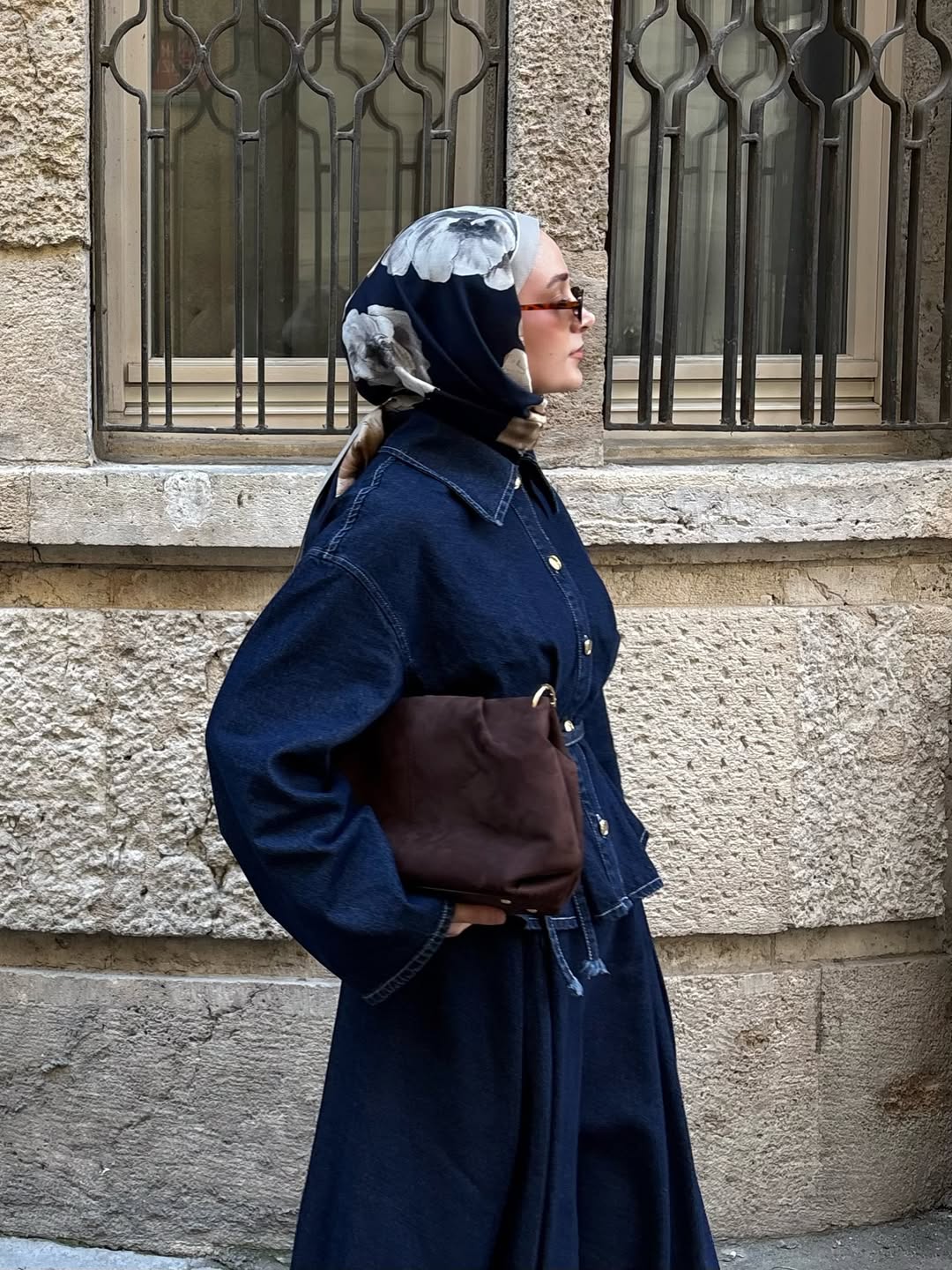 Gold buttoned denim skirt set