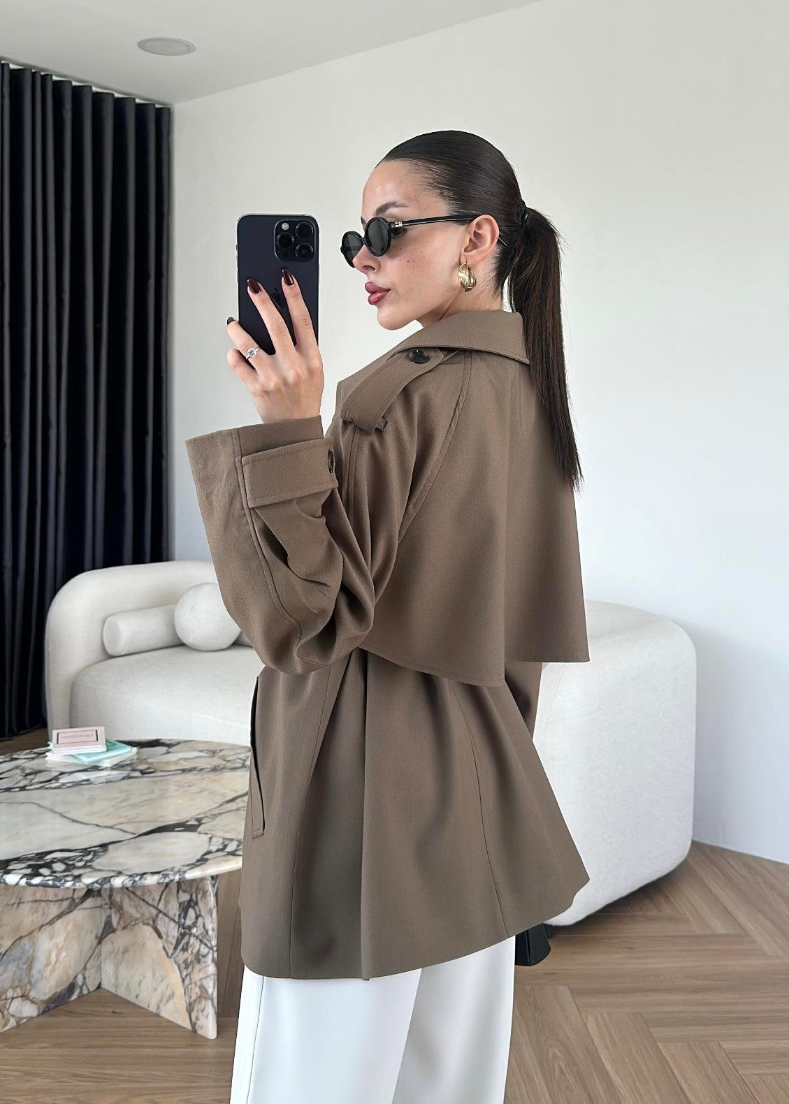 Leather belted trench coat