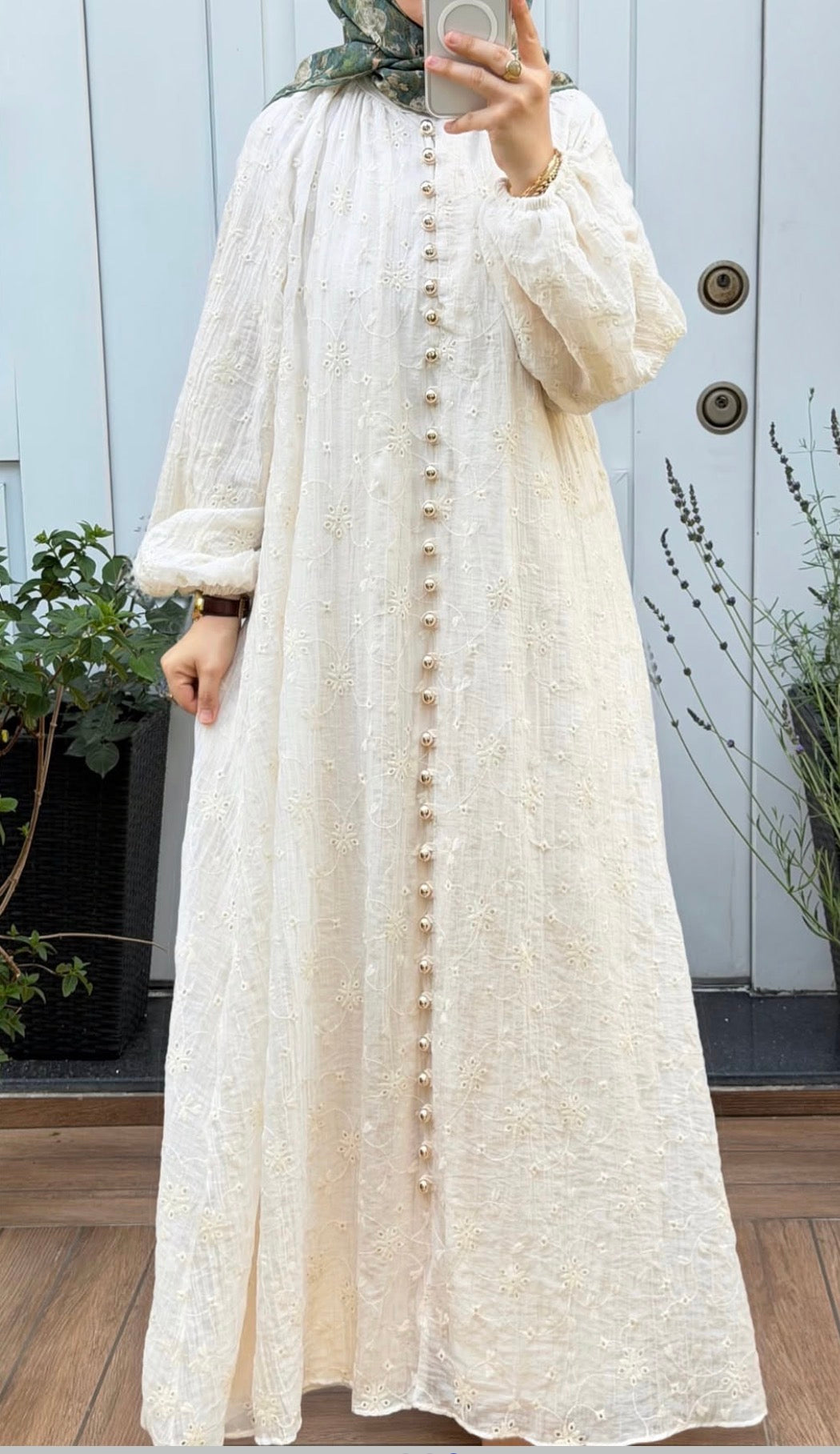 Button-Detail Floral Embroidered Dress